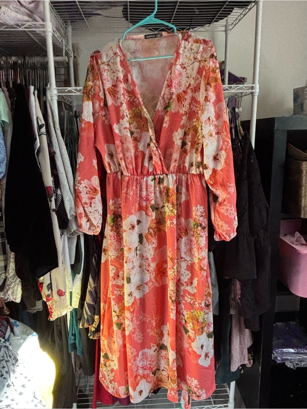 Boohoo Coral Floral Long Sleeve Wrap Midi Dress